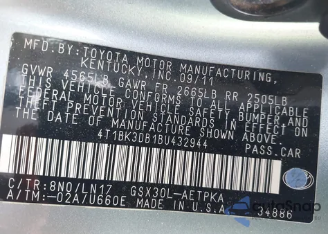 2011 Toyota Avalon Limited from USA, damaged, VIN 4T1BK3DB1BU432944